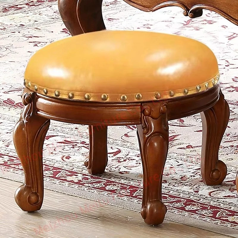 Yellow PU Leather Round Stool-Solid Wood Frame Nailhead Trim Fixed Base-Round Ottoman for Living Room Bedroom Entryway