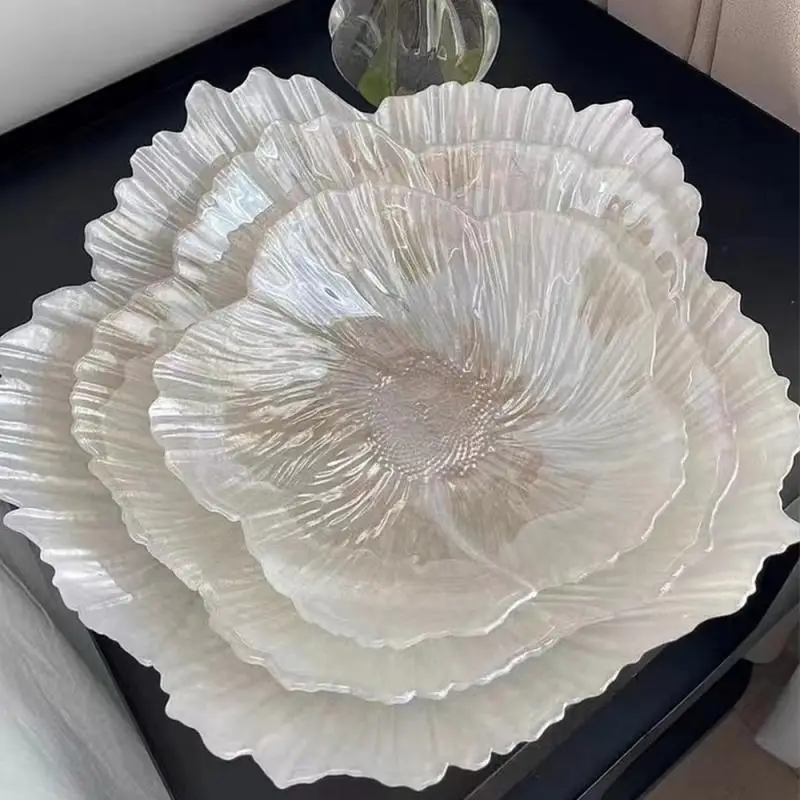 Nordic Style Modern Flower Shape Fruit Plate Household Crystal Glass Pearlescent White Simple Snack Storage Plate Large Capacity