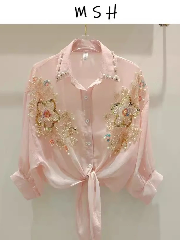 

Блузка Mujer с блестками и цветами из бисера, однотонные рубашки на шнуровке с бантом, майки, летняя женская одежда, повседневная мода, солнцезащитные топы Ropa