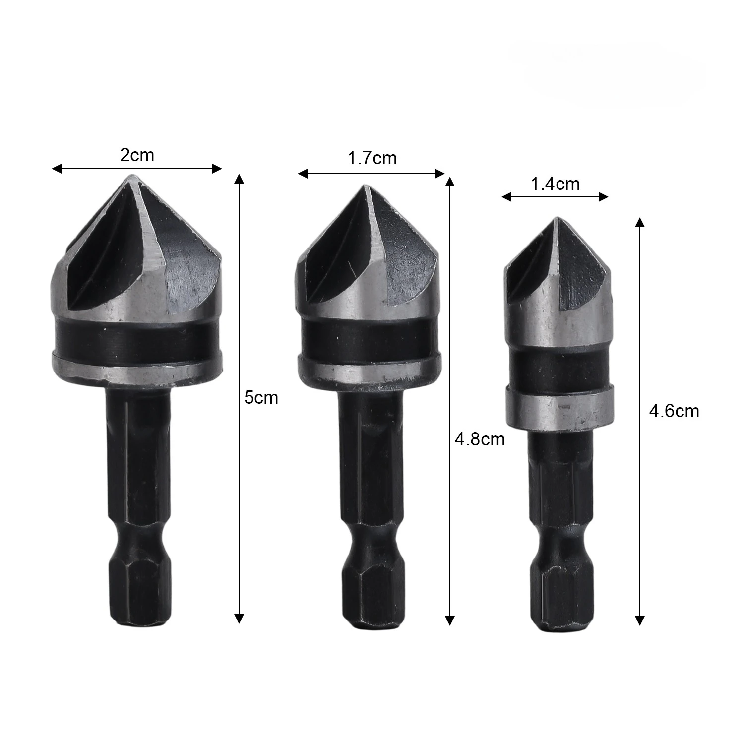 Zestaw frezów stożkowych ze stali szybkotnącej z chwytem sześciokątnym do fazowania, pogłębiania i obróbki drewna i metalu.