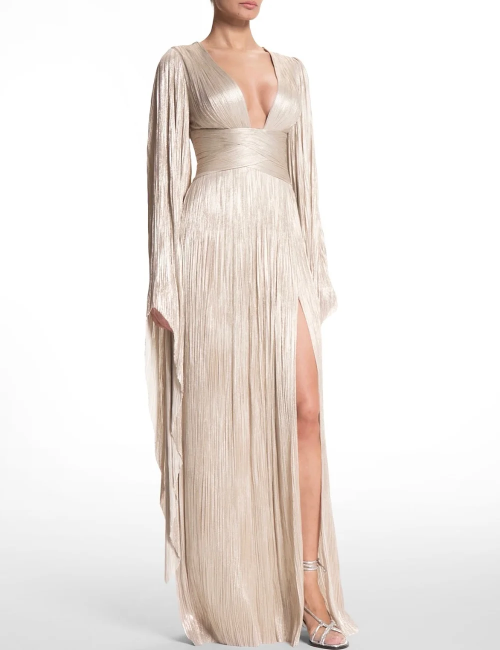 

Customized Modest Retro Pleat Ruched Draped Sash A-line V-neck Floor-Length Evening Dresses for Woman