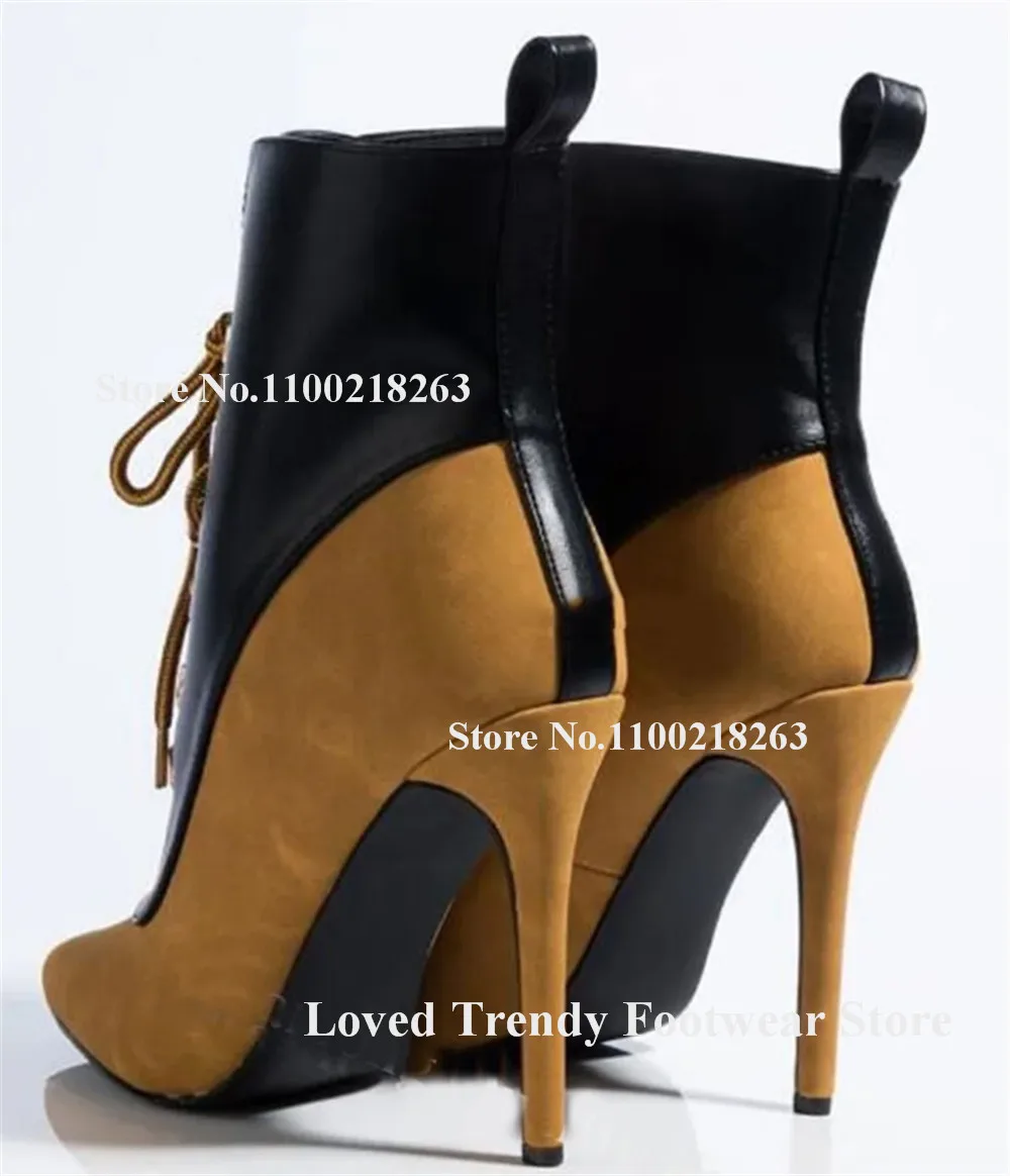Newest Red-blue Purple-black Patchwork Stiletto Heel Short Boots Pointed Toe Metal Buckles Lace-up Thin Heel Ankle Booties view 4