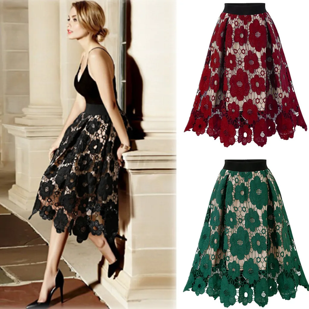 Elegant Women Bohemia Skirt Elastic Waistband Skirt Elegant Floral Lace A-Line Midi Skirt With High Elastic Waist For Women'S