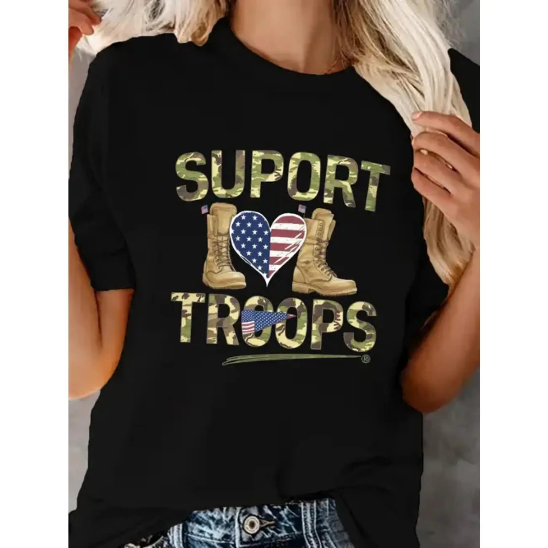 

Support Our Troops" Women's Patriotic T-Shirt - Comfortable Polyester, Camouflage & American Flag Design with Boots & Heart