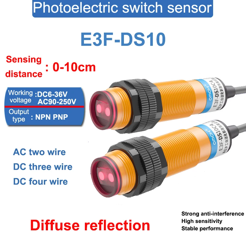 E3F-DS10 Detection Distance 10cm Diffuse Reflection Photoelectric Sensor Switch DC6-36V AC90-250V NPN/PNP