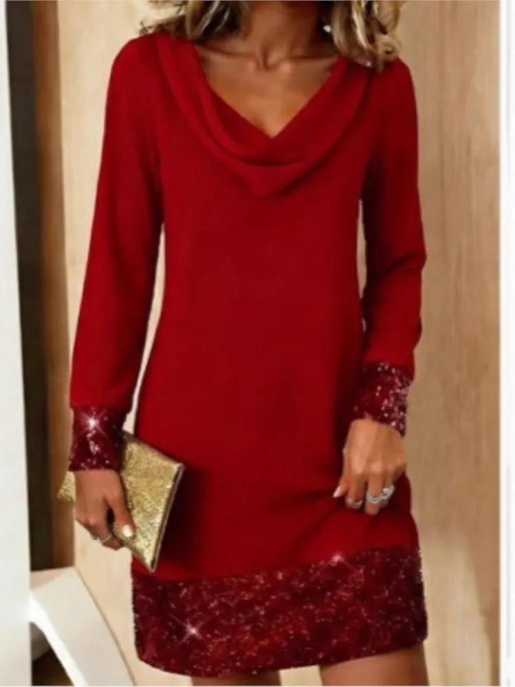 Sequins Patchwork Dress For Women Fashion Pile Collar Long Sleeve Pullover Vestidos Dresses Lady Elegant Chic Holiday Clothes