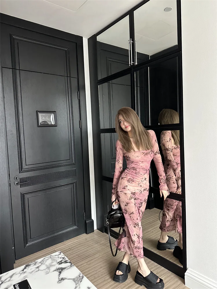 Sukienki Damskie z Długim Rękawem Sukienka dla Kobiety na Wesele Imprezę Wiosenna Szyfonowa Aplikacja Wstążki Falbany Bez Talii Minimalistyczny Styl OL