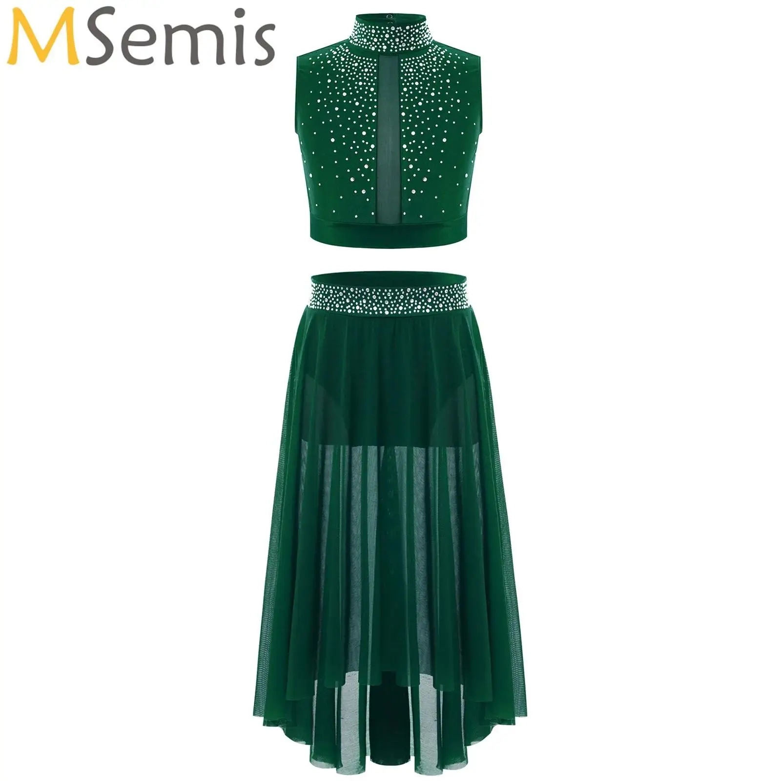 

Kids Girls Lyrical Dance Outfit Sleeveless Rhinestones Crop Top with High-Low Mesh Skirt Skating Ballerina Dance Stage Costume