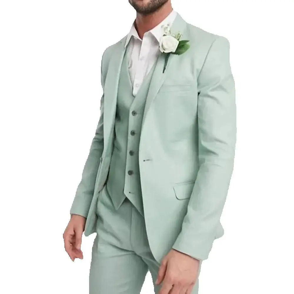 Trajes de hombre con solapa de muesca verde menta, esmoquin de boda, chaqueta elegante a medida, diseño de moda, chaqueta de 3 piezas, pantalones y