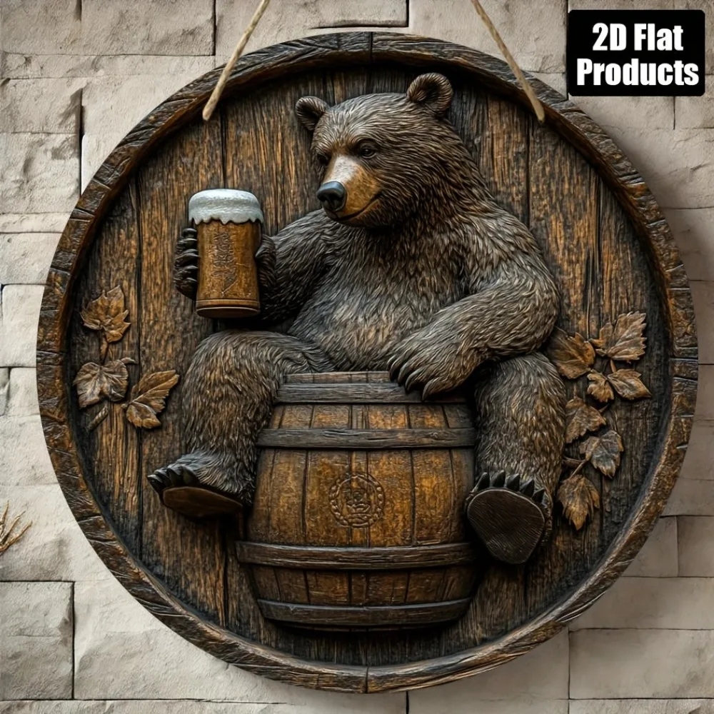 2D Flat Bear Drinking Beer Metal Tin Sign Wall Art Plaque Bar Kitchen Man Cave Decor 8x8 Inch