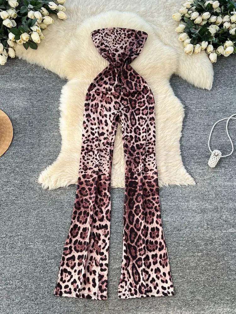 Retro leopard print high waisted jumpsuit women's 2026 summer new off shoulder fashion spicy girl personality wide leg pants