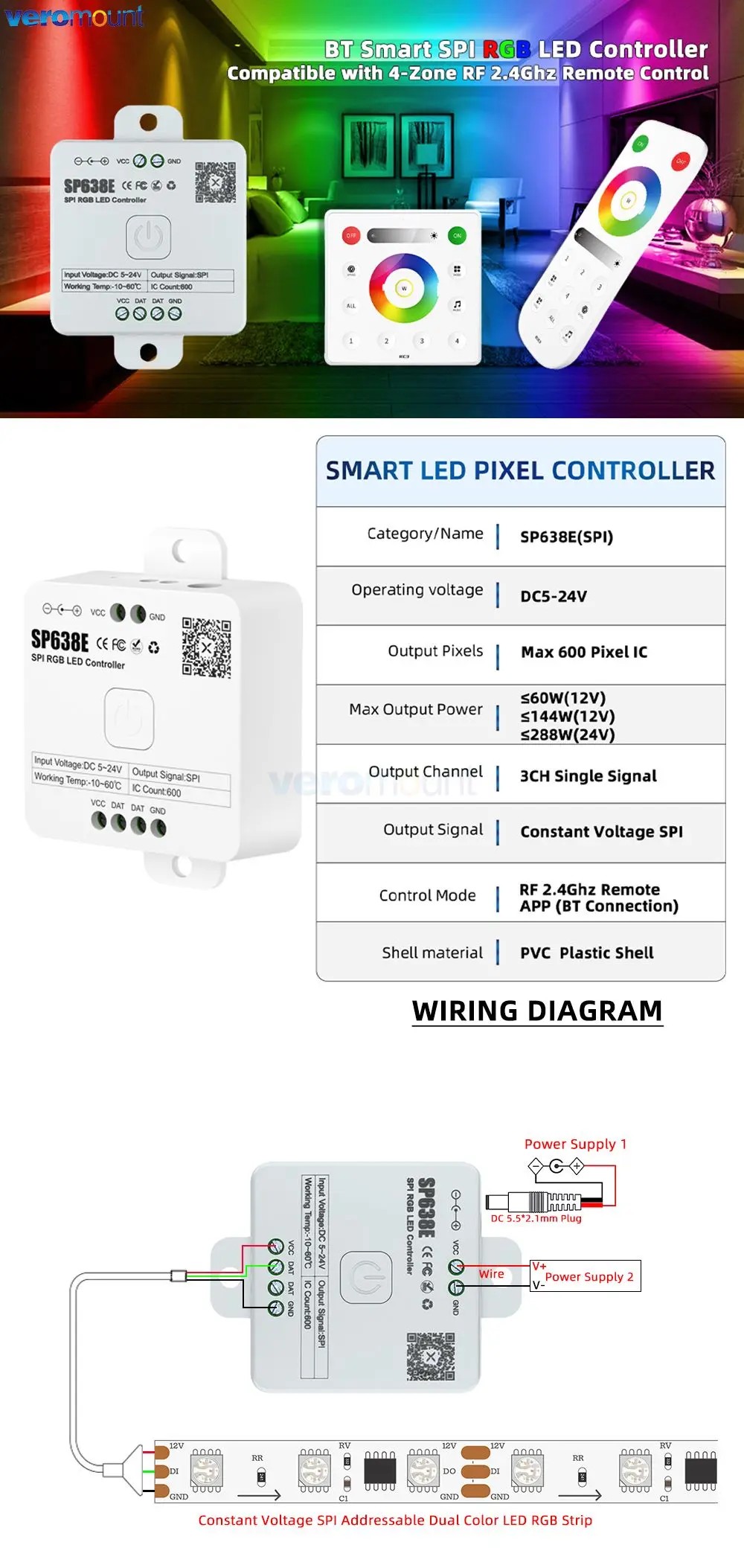 SP636E-SP639E SPI FCOB Pixels LED Controller SK6812 WS2814 RGBW WS2812B RGB Light Strip Bluetooth Music IOS Android 2.4G 5V-24V