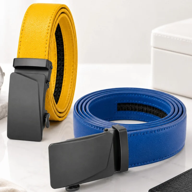 Men's Business Automatic Ratchet Belt Blue Yellow, Unique Slash Alloy Buckle Textured PU Belt, Adjustable Non Perforated Belt