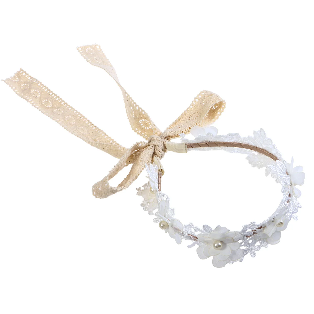 

White Korean Style Lace Flower Hair Band Embroidery Adjustable Binding Rope Graceful Flower Crown for Wedding Stage