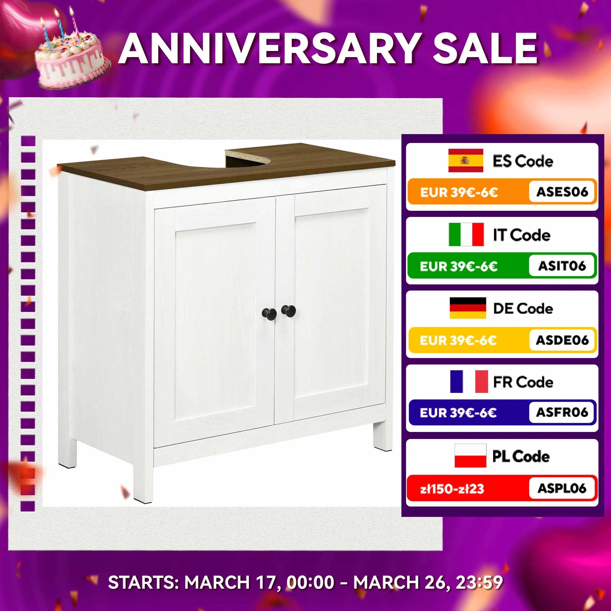 Mobili Kleankin sotto il lavabo con 2 ante e ripiano regolabile 60x30x60 cm