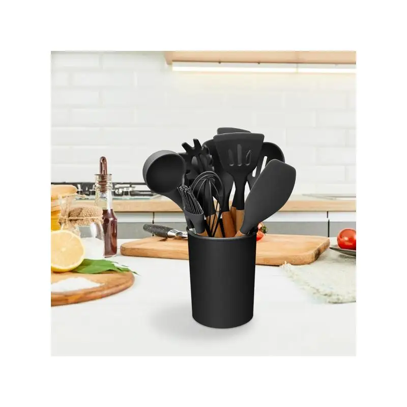 

11PCS Silicone Utensil Set with Wooden Handle - Heat Resistant Spatula, Ladle, Spaghetti Server, Tongs, Spoon, Egg Whisk,
