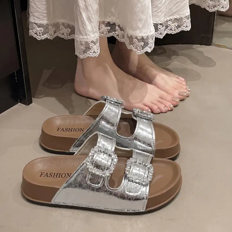 Rutschfeste, dicke Strandpantoffeln für Damen, Sommer 2026, Rhinestore-Schnallen-Plateau-Mules, glänzende Kristallsandalen für Damen – Detail 5