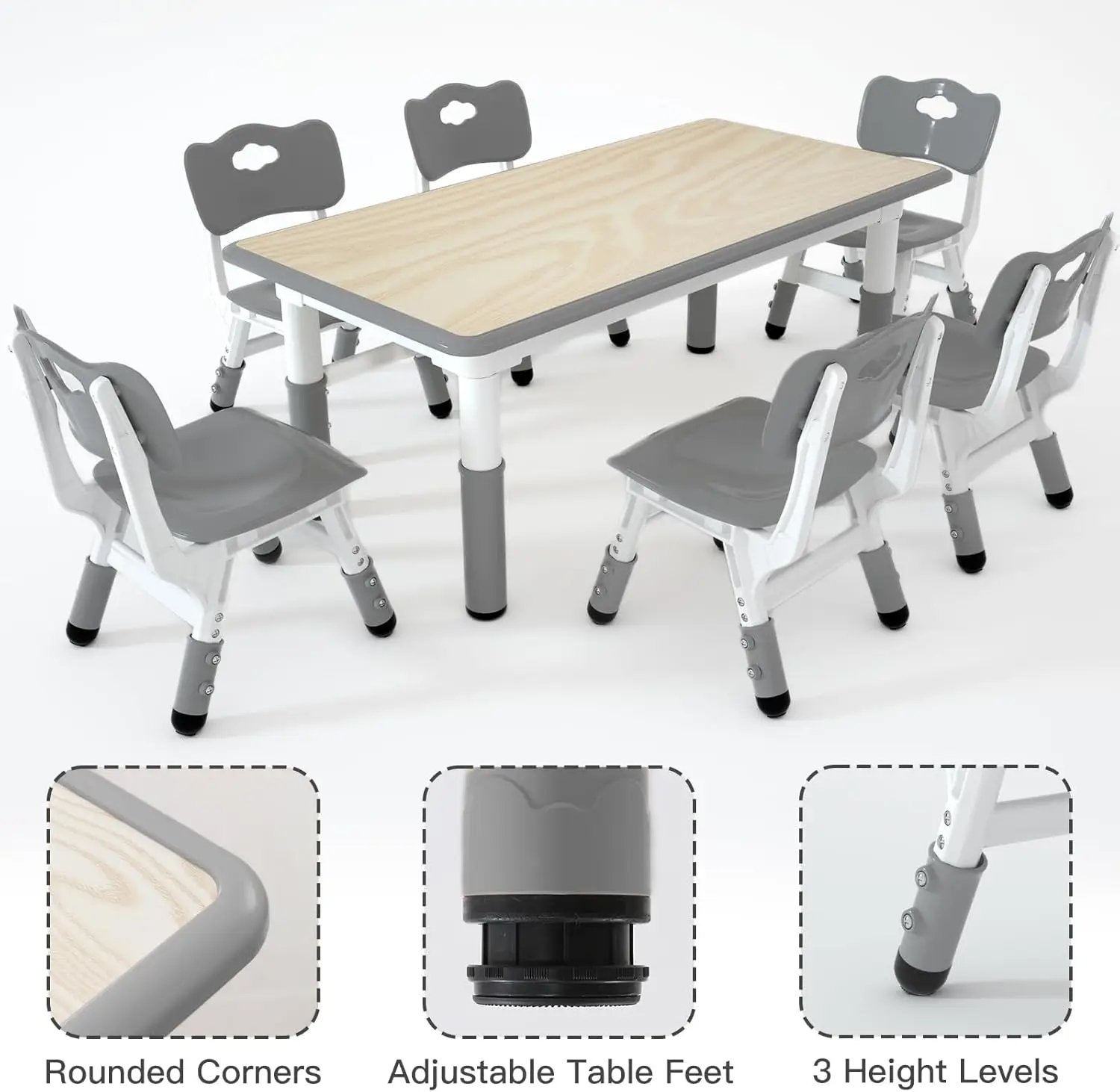 子供用テーブルと椅子6脚セット、高さ調節可能な子供用テーブルと椅子、幼児用学習マルチアクティビティテーブル、47.2インチ×23.6インチ
