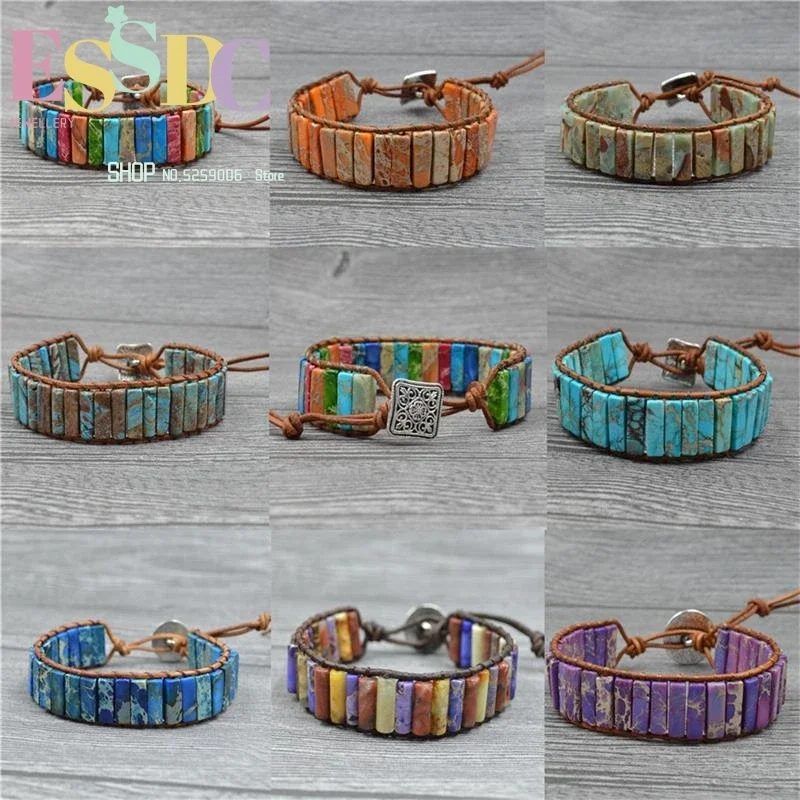 

Wholesale 8 Styles Colorful Regalite Gems Stone Wrap Hand Woven One Layer Leather Bracelets Fashion Unisex Boho Jewelry