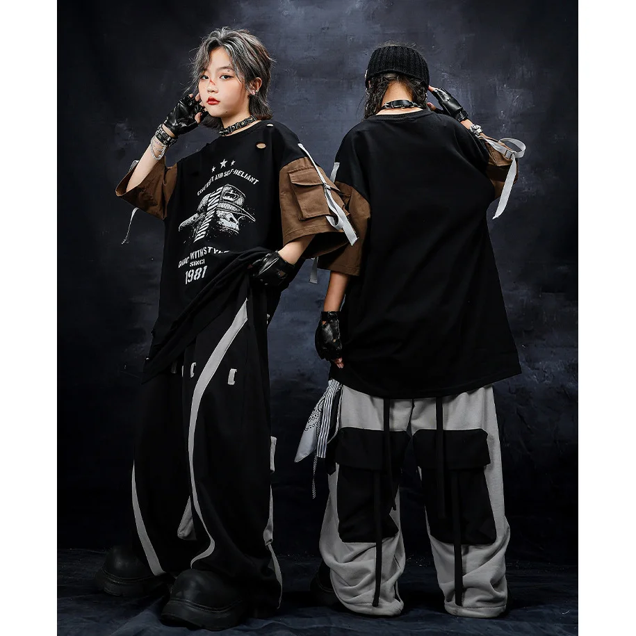 Children Streetwear Oversize Tshirt Pants Sets Boy Girl Hip Hop Loose Short Sleeve T-shirt Trousers Kids Tracksuit Stage Clothes