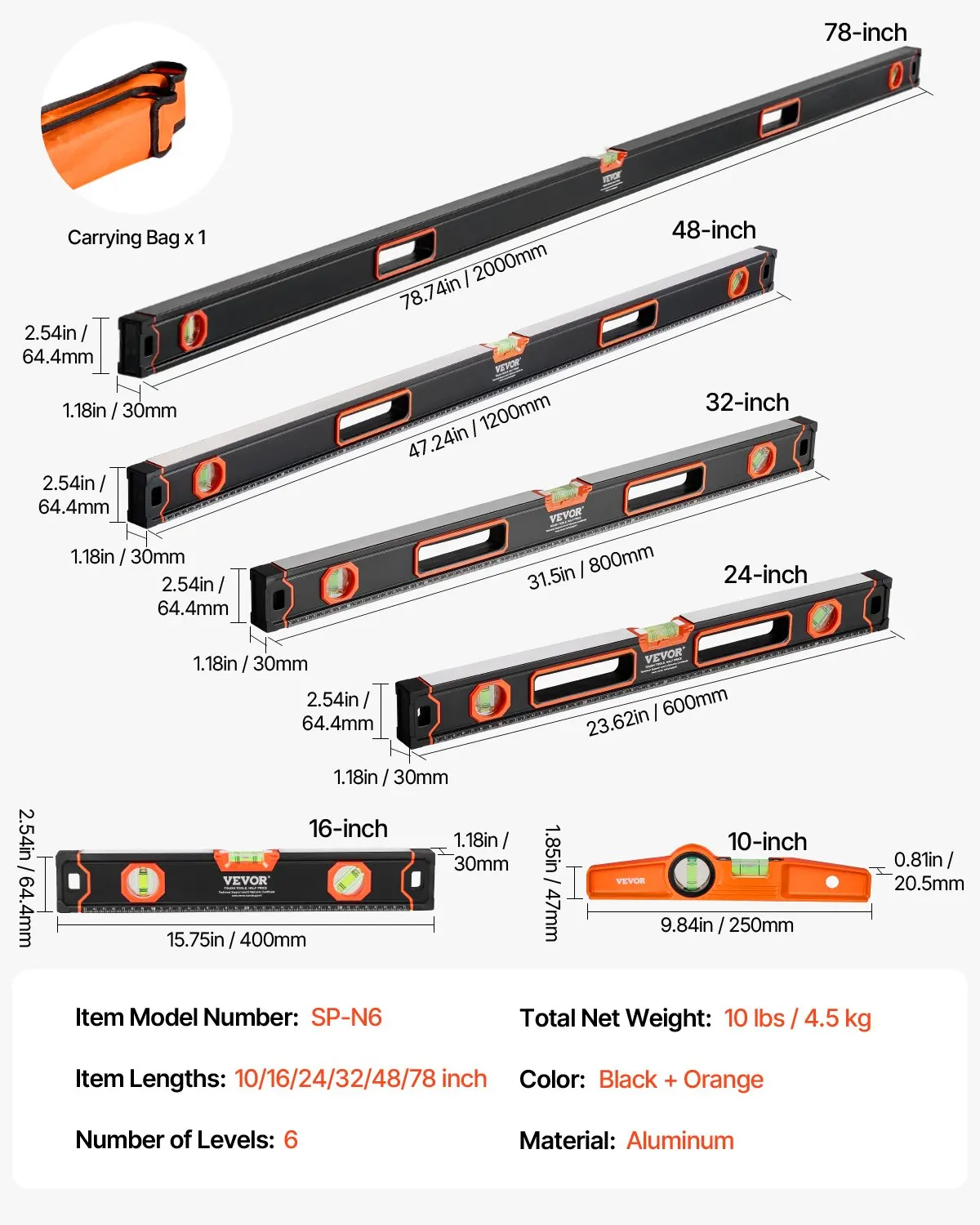 Торпеда, 6 предметов, уровень 78,8, 32, 24, 16, 10 дюймов, корпус из алюминиевого сплава с пузырьковыми флаконами