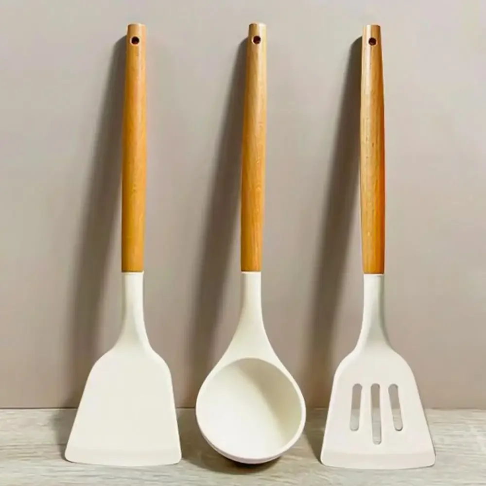 3Pcs/set Cookware Silicone Spoon Shovel Heat Resistant Pancakes Frying Pan Cooking Turner Spatula Beige Non-Stick