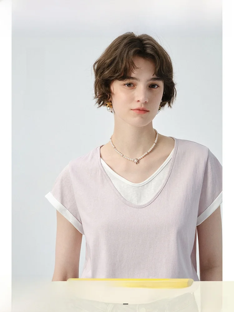 

plus Size Women's round Ne T-irt Fake Two-Piece oulder ort Sve Layering Summer Commute Top High Waist Straight Cut