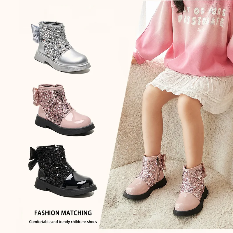 

Autumn Winter Girls Fashion Short Boots Children Rhinestone Glossy Performance Booties Girls Bows Side Zipper Low Top Booties