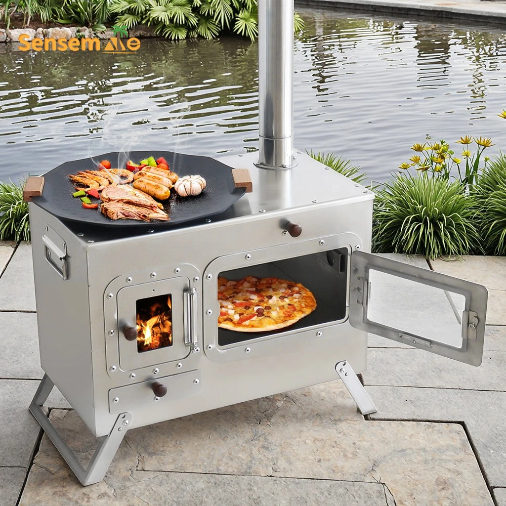Horno de leña para barbacoa al aire libre, estufa con horno para Pizza de 9 ", estufa de leña multifunción grande, termómetro incorporado para acampar