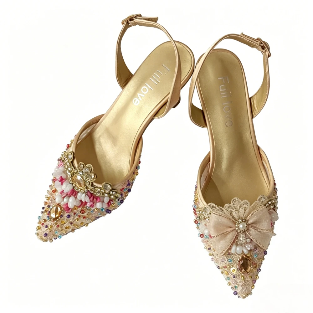 Light Gold Mesh Multicolor Pearl Crown Crystal Buckle Pointed Slingback Stiletto Heels, Elegant Runway Evening High Heels Mature