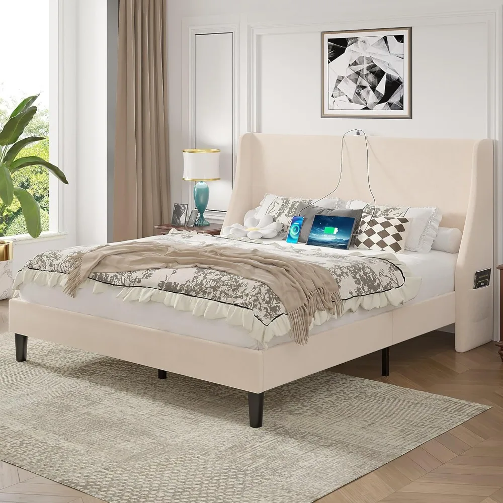 

Full Bed Frame with Upholstered Wingback Headboard, Heavy-Duty Platform Bedframe with Charging Station, Wooden Slats, No