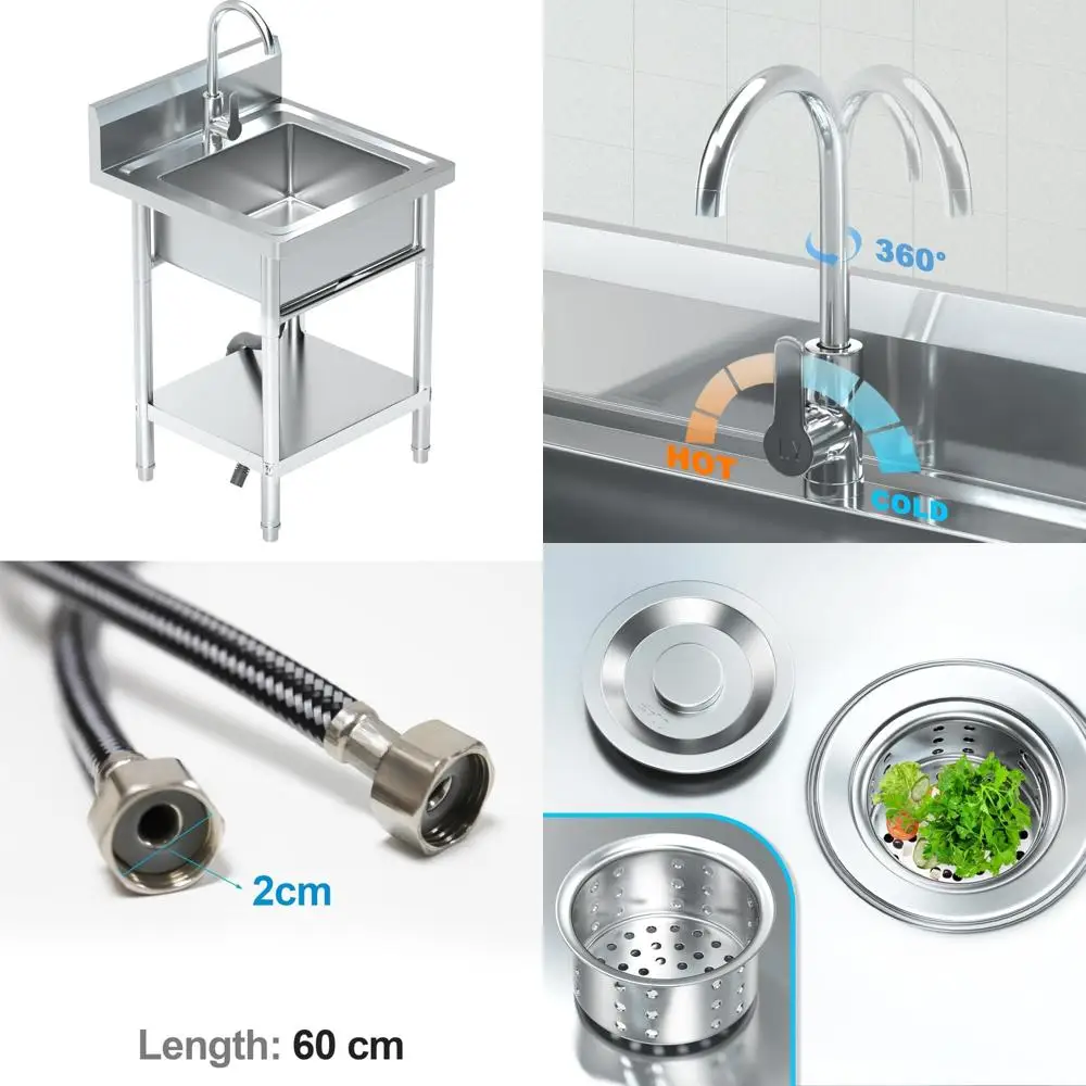 

Stainless Steel Freestanding Laundry Sink - Single Bowl with Hot/Cold Water Plumbing for Kitchen and Bathroom Utility Use