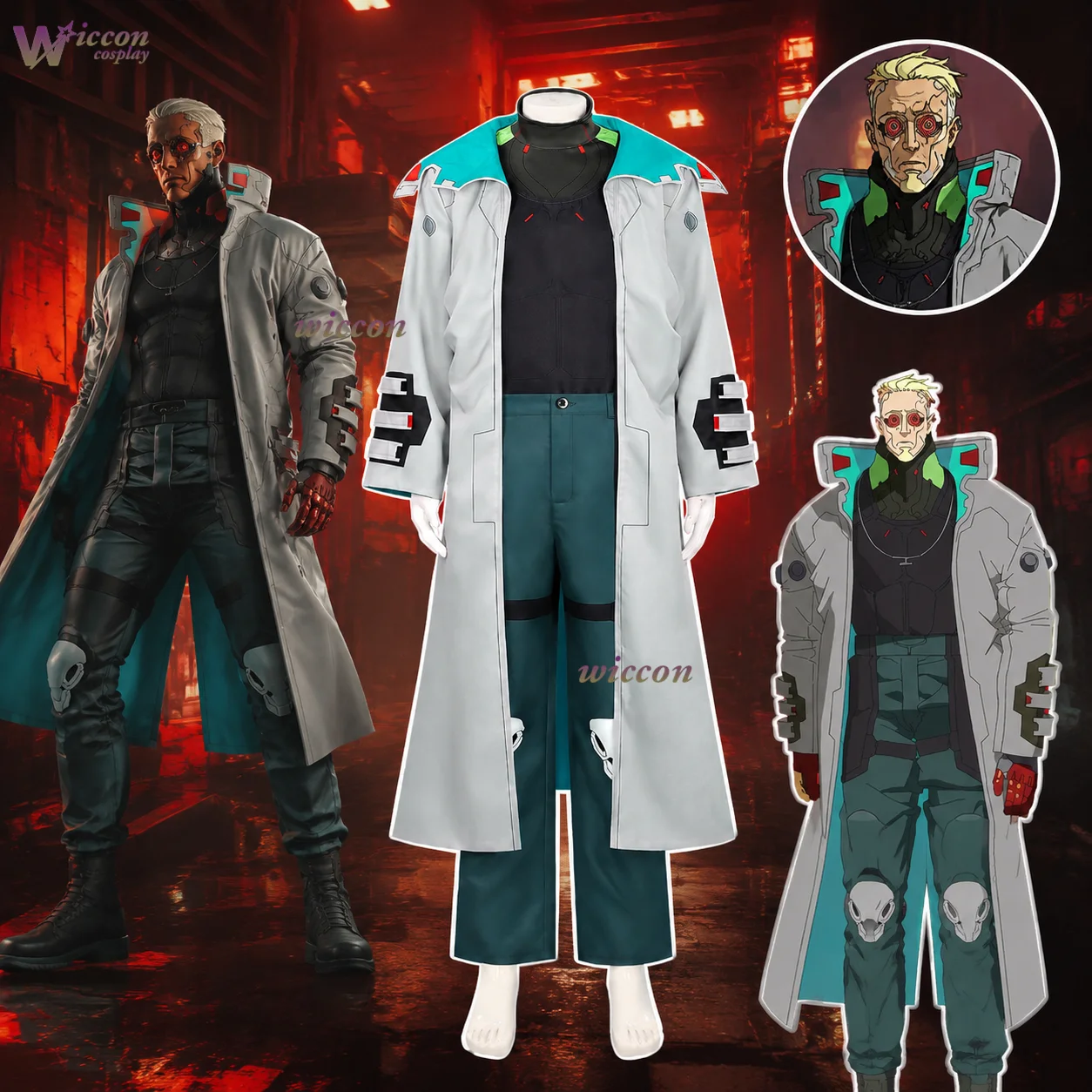 WonkaCos Anime Cyberpunkk Edgerunners Weak Kingsley Grey Coat Cosplay Costume, Halloween & Christmas Character Outfit Jumpsuit