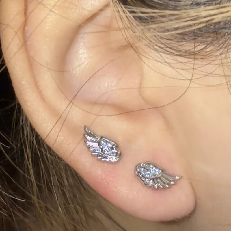 Wing Design Earrings DIY Stackable Y2K Ear Studs Ear Piercing Jewelry Gifts for Women Girls Metal Punk Gothic Cross Shiny Earing