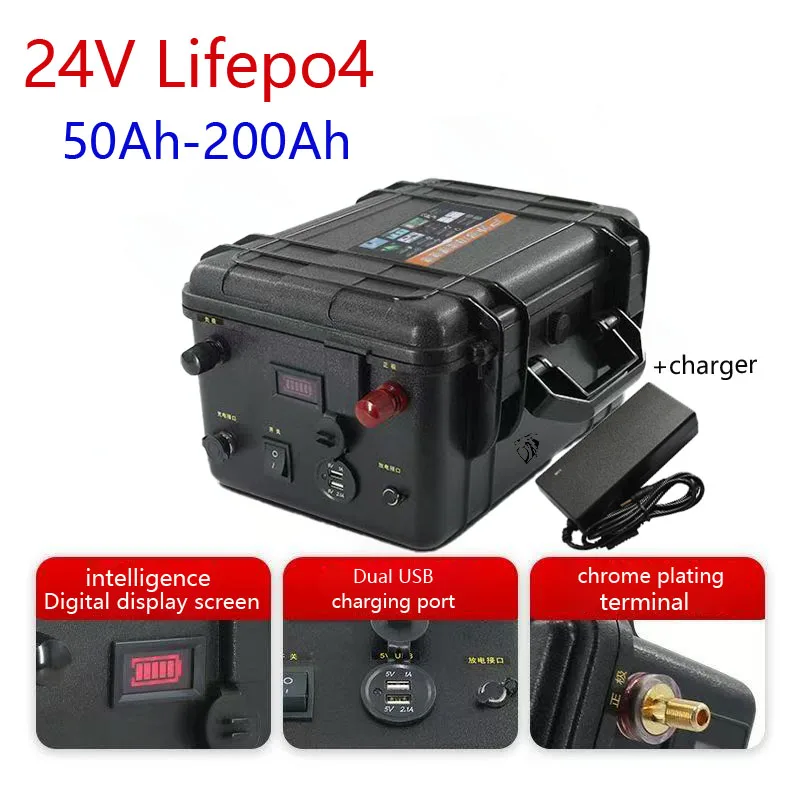 

Waterproof Lifepo4 24V 50Ah 60Ah 80Ah 100Ah 120Ah 150Ah 200Ah lithium battery BMS for trolling motor inverter +10A Charger