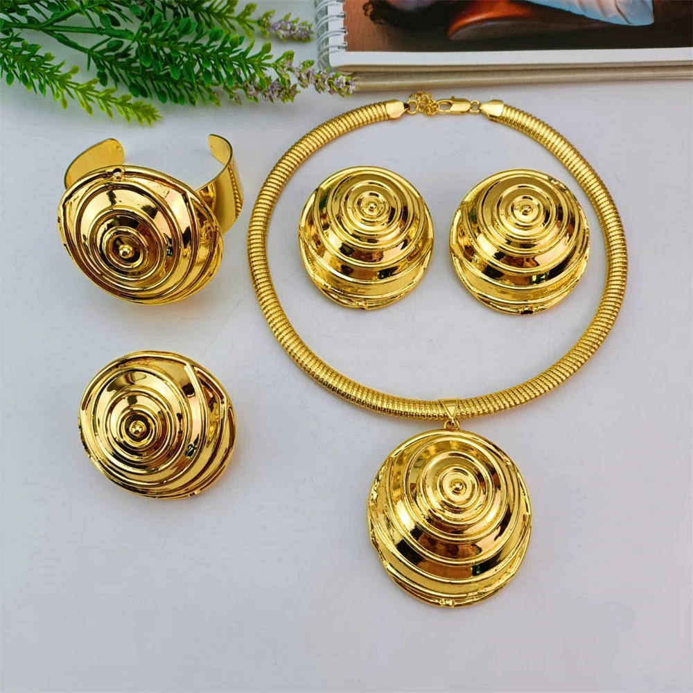 

EMMA Gold Color Jewelry Set For Women Dubai African Wedding Bridal Necklace Earrings Adjustable Ring Big Copper Jewelry Set