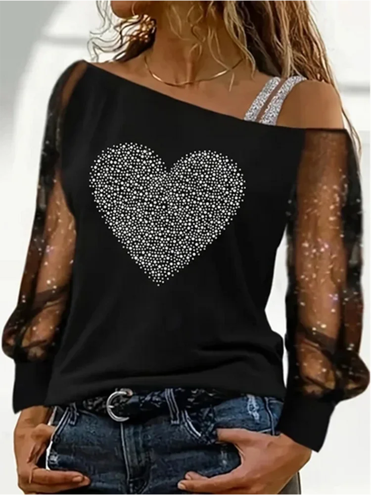 Women's Off Shoulder Irregular Collar Blouse Long Sleeved Heart Zircon T-shirt Fashion Summer Top