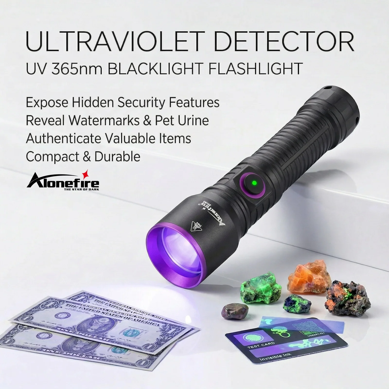 Alonefire 10W 365nm UV LED High Power Blacklight Flashlight USB Rechargeable Cat Dog Stain Pet Tinea Money Scorpion Lamp Torch