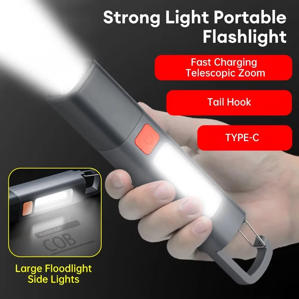 Strong Lighting ABS Flashlamp USB Rechargeable Zoomable Waterproof Outdoor EDC Torch with Hook  Long-range Emergency Lantern
