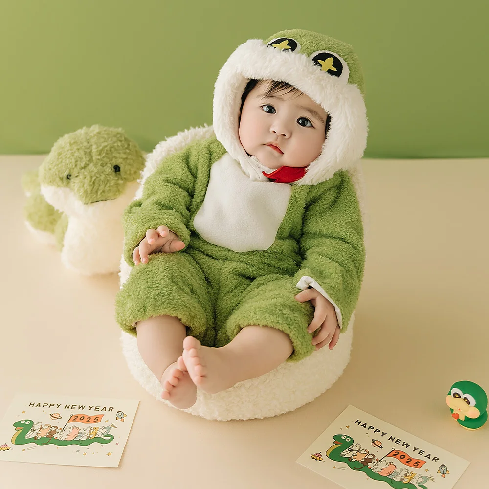 Cute Snake Themed Photography Costume Jumpsuit+Hat Set Furry Clothes for 3 Month Baby Green Snake Dolls Studio Photo Shoot Props