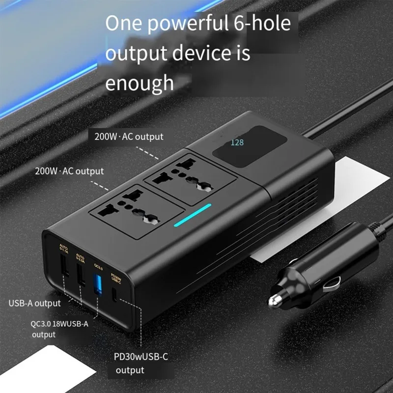200W Portable Car Inverter Car Adapter Socket Converter 12V DC To 220V AC Car Socket Adapter with 4 USB Port for Outdoor Camping
