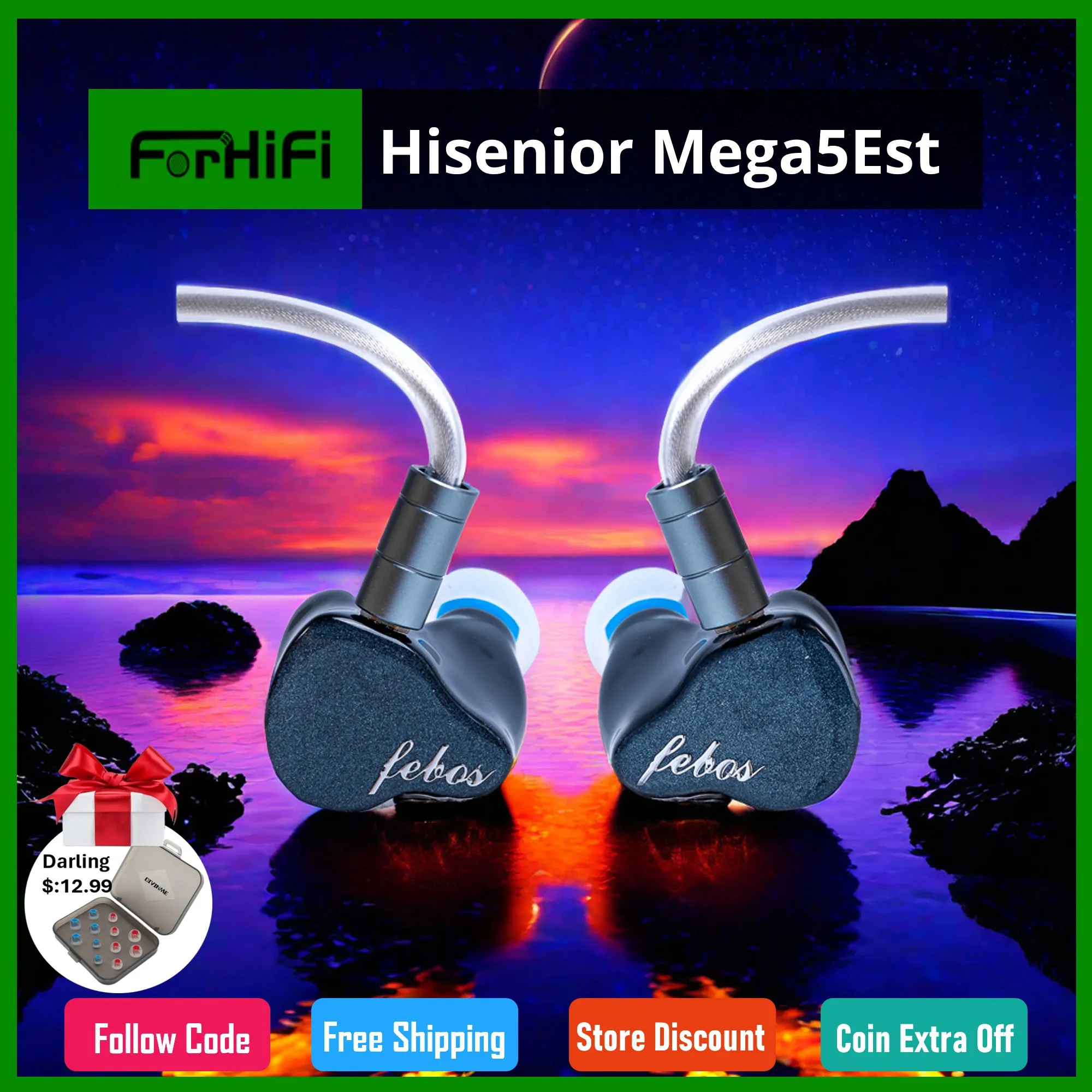 Hisenior 전문가용 하이파이 모니터 인이어 헤드폰, Mega5Est 1DD + 2BA + 2EST, 0.78/2PIN 와이어, 3 인 1 모듈 다이나믹 드라이버