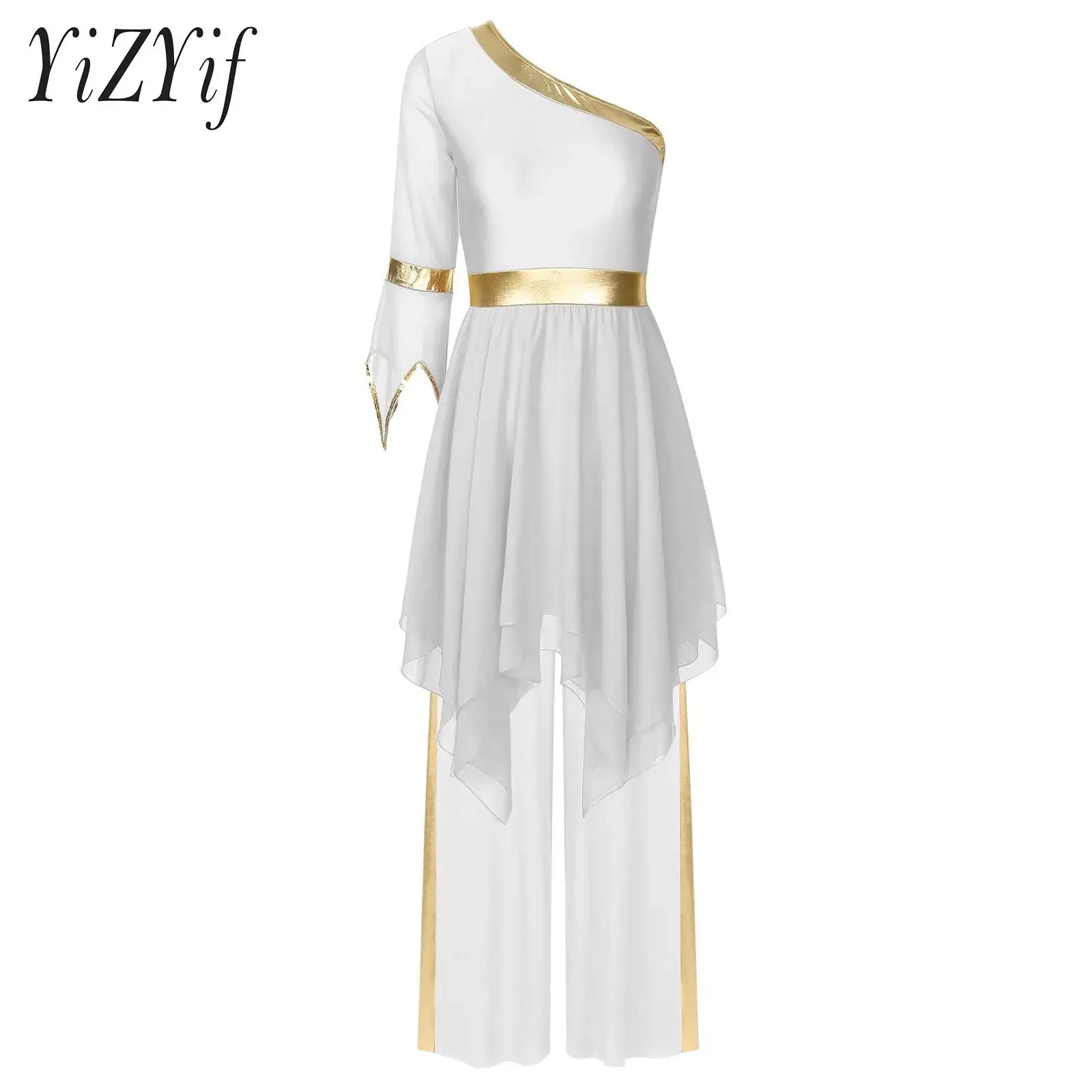 Women Liturgical Praise Dance Costumes One Shoulder Sequin Trim Irregular Hem Dresses with Metallic High Waist Wide-Leg Pants