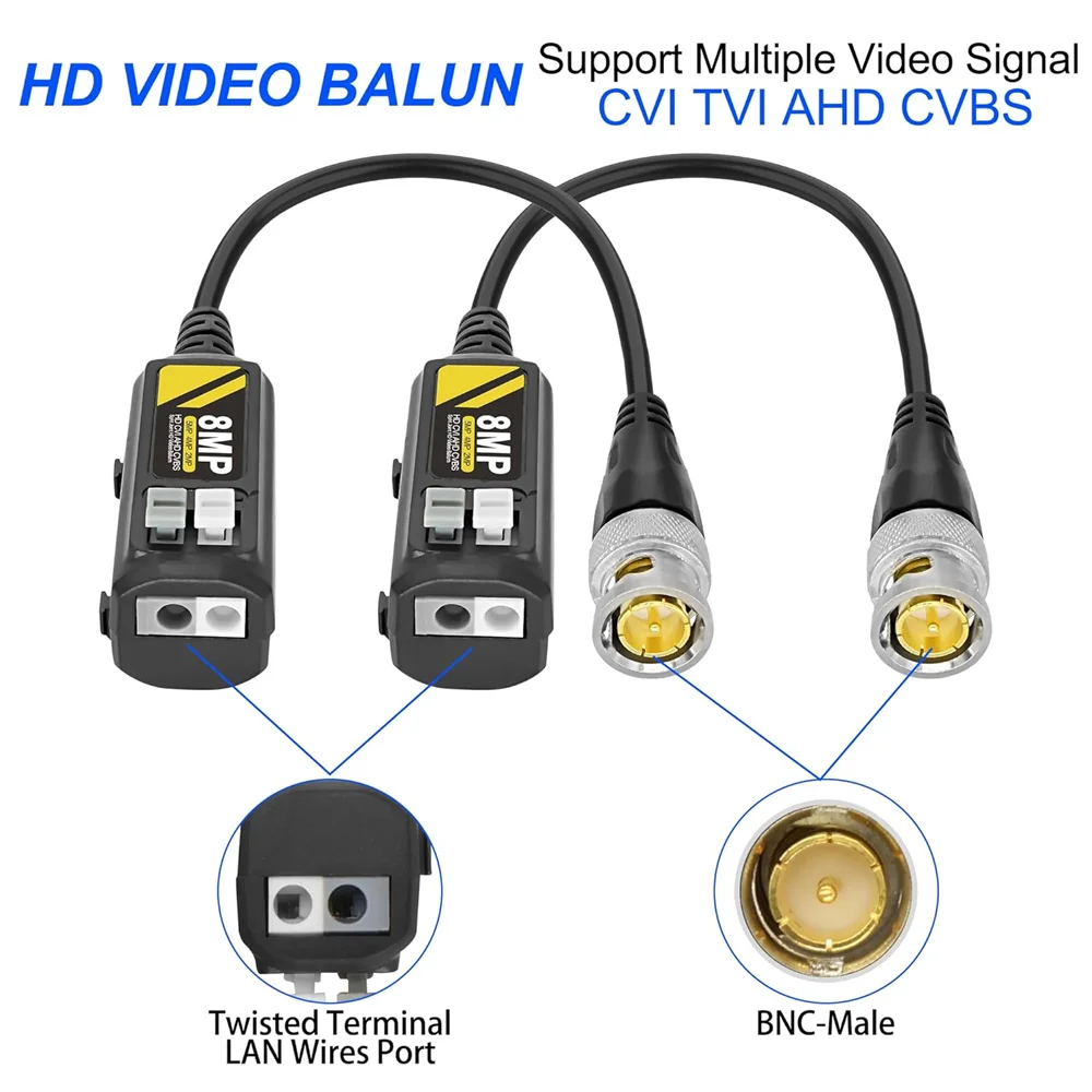 4K CCTV Video Balun Connectors Passive AHD/TVI/CVI/CVBS Signal Transceivers Compatible With 8MP/5MP/1080P Cameras