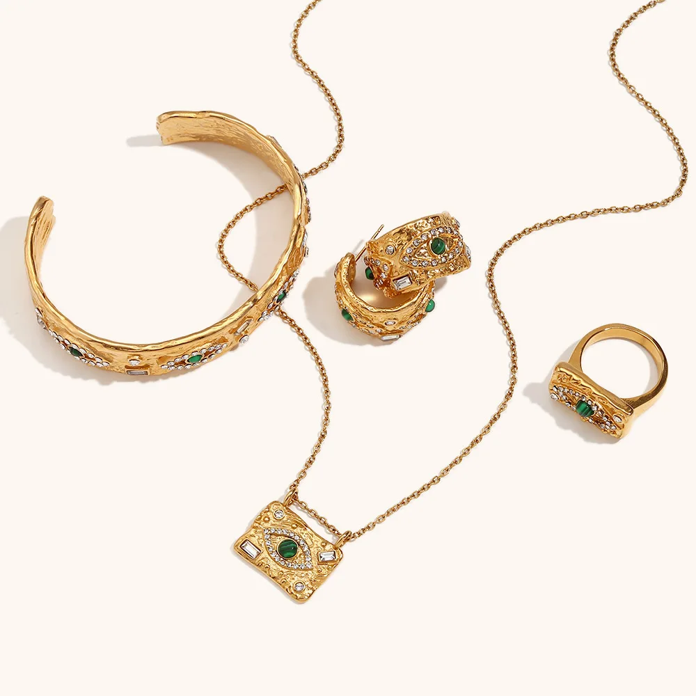 

Malachite Necklace Eye Zircon Rhinestone Square Brand Pendant Jewelry Set Stainless Steel Plated 18K Sweater Chain