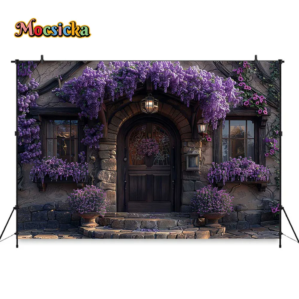 خلفية التصوير الفوتوغرافي من الوستارية الأرجواني ، جدار زهرة ، ديكور الباب الخشبي المقوس ، خلفية الزفاف ، صورة استوديو لفتاة ، منزل ومنزل
