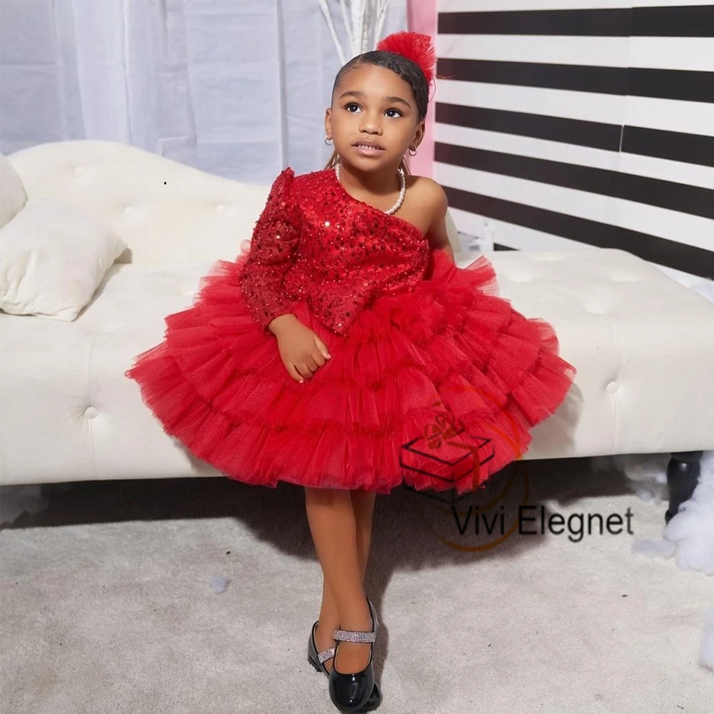 Vestidos de flores a capas rojas para niña, vestidos de fiesta de boda de una manga con lentejuelas de verano 2023