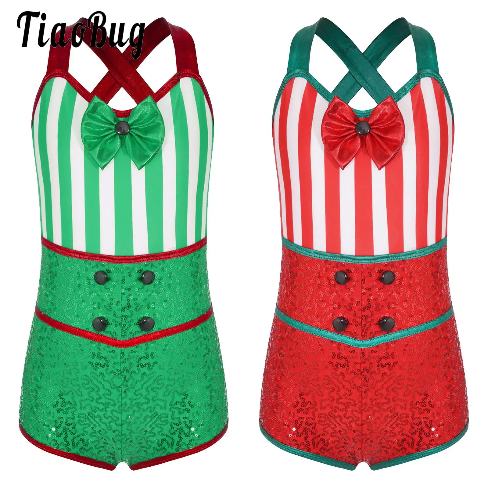 

Christmas Dance Costumes for Girls Xmas Santa Elf Costumes Shiny Sequins Stripes Unitard Leotards Gymnastics Ballet Dancewear