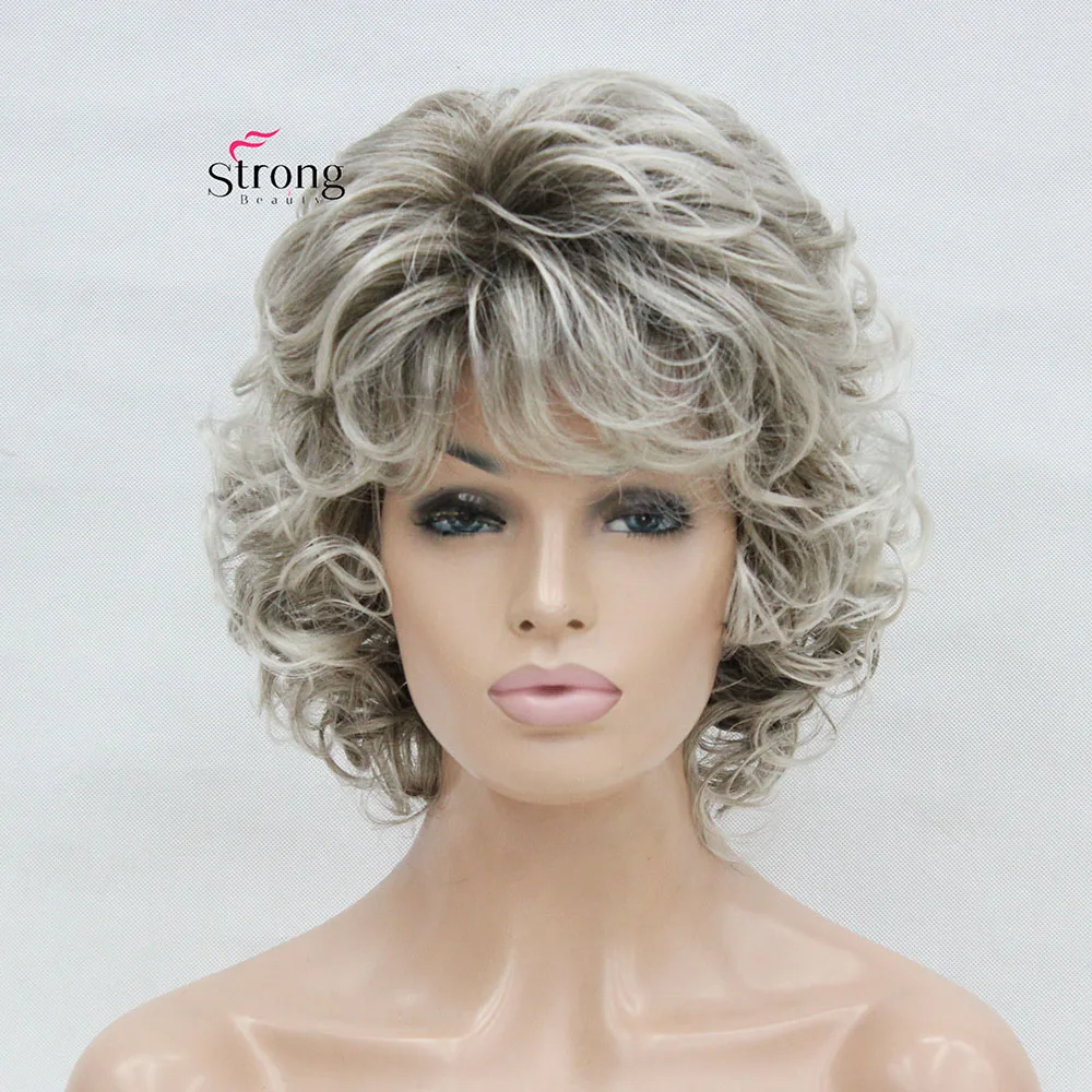 Ombre Grey Wig for Women Short Curly Wavy Wig with Bangs 100% Imported Premium Synthetic Fashion Brown Hair Wigs for Women