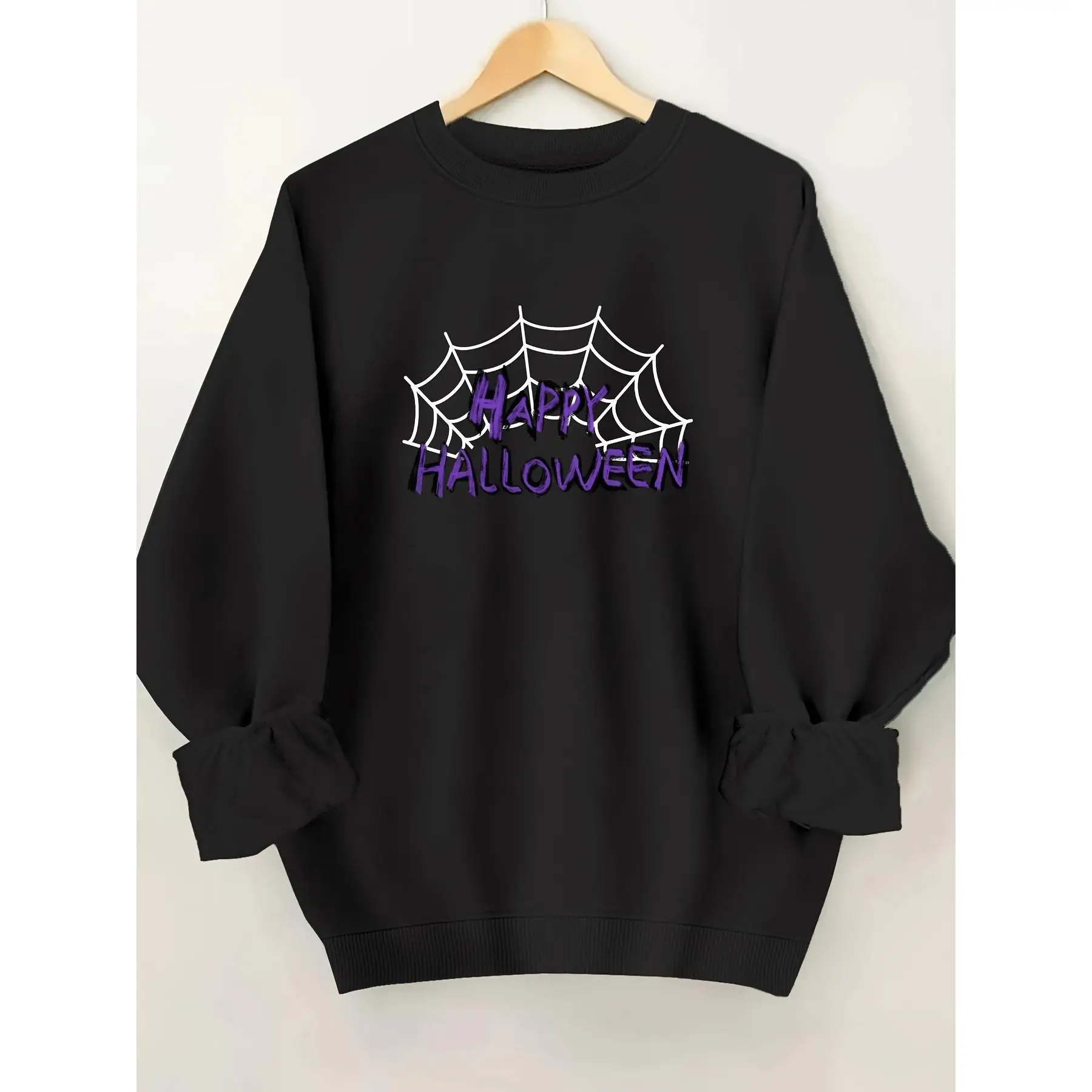 

Oversized Happy Halloween Graphic Sweatshirt for Women, Spider Web Print Crewneck Pullover Top, Cozy Fall Holiday Costume Gift